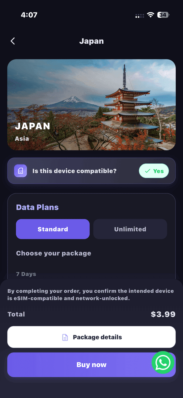 CloudOn app — buy a Japan plan